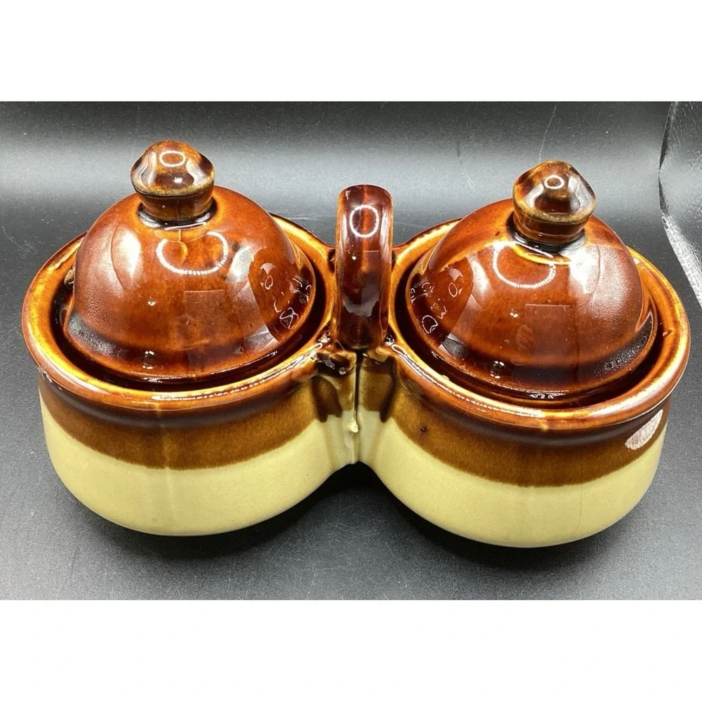 Vintage 70's Taiwan Stoneware Ceramic Brown/Tan Diner Condiment Double Dish‎ Jar